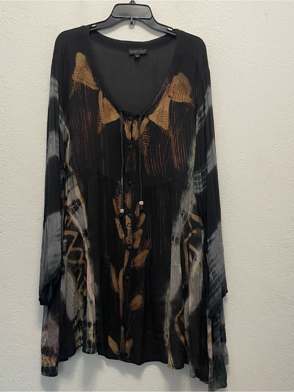 Greater Good 4X blouse flowy, bohemian botanical print brown and black